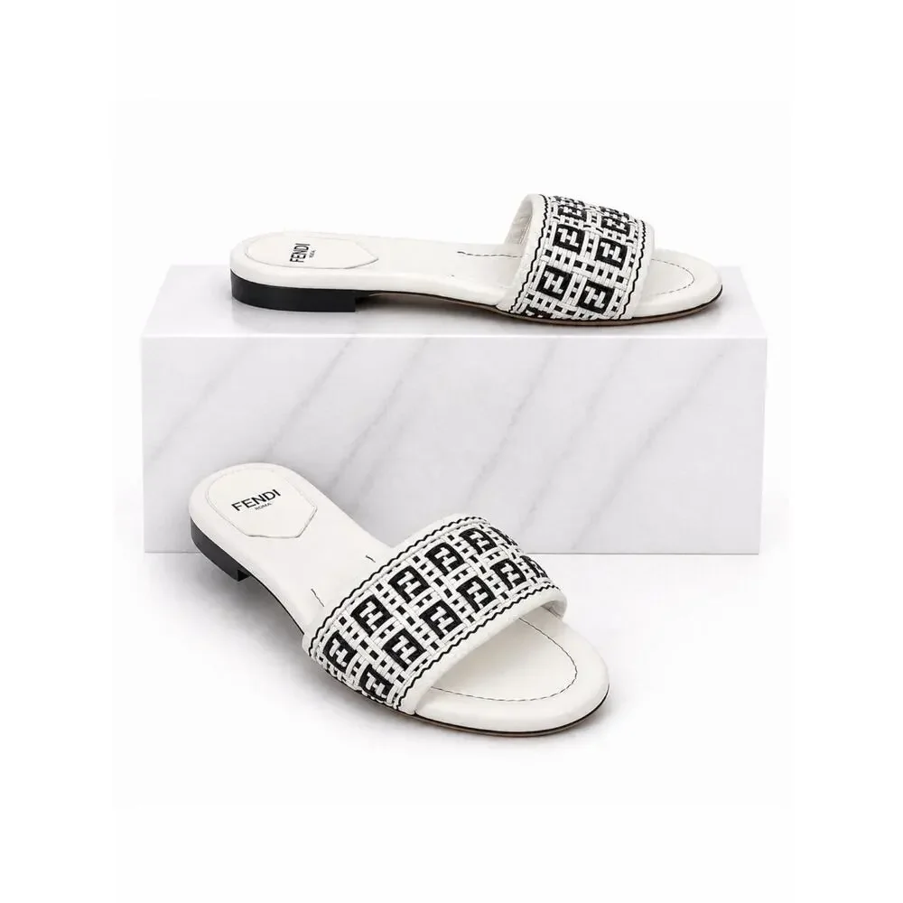 Fendi Rafia Weave Logo Leather Slide Sandal White Black Size 38.5